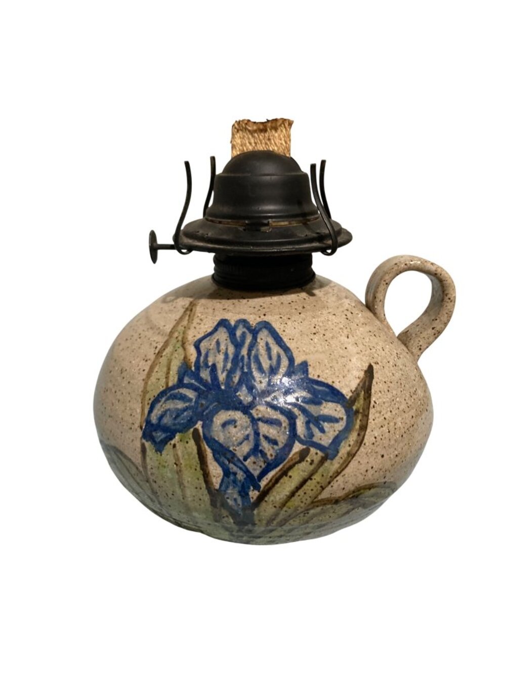 Vintage Art Pottery Stoneware Oil Lamp With Hand Painted Iris Design